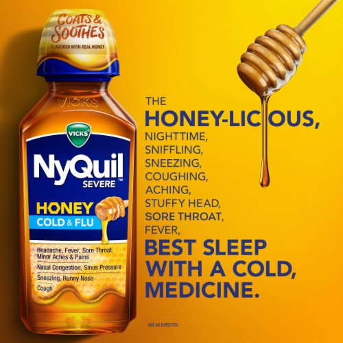 Vicks NyQuil SEVERE Honey Cold & Flu Liquid Medicine Perspective: left
