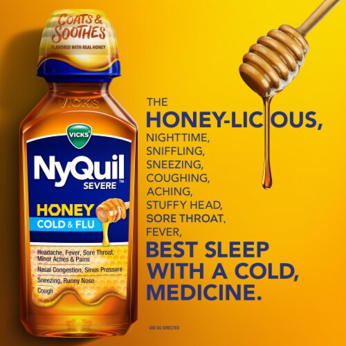 Vicks NyQuil SEVERE Honey Cold & Flu Liquid Medicine Perspective: left