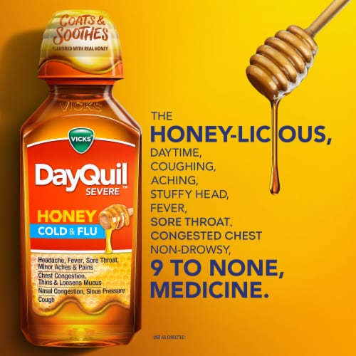 Vicks DayQuil Severe Honey Cold and Flu Medicine Perspective: left