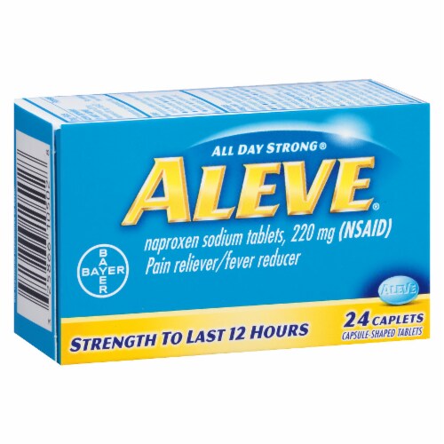 Aleve Pain Reliever and Fever Reducer Naproxen Sodium Caplets Perspective: left
