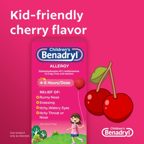 Children's Benadryl Allergy & Cold Relief Liquid Diphenhydramine HCl Cherry Flavor Perspective: left