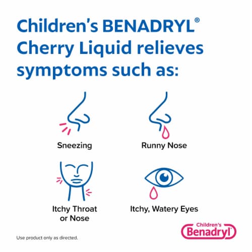Children's Benadryl Allergy & Cold Relief Liquid Diphenhydramine HCl Cherry Flavor Perspective: left