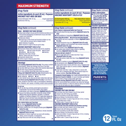 Mucinex Fast Max DM Max & Mucinex Nightshift Cold & Flu Liquids Perspective: left