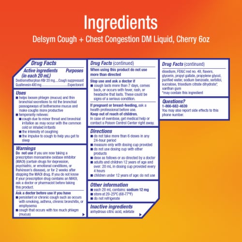 Delsym DM Adult Cough + Chest Congestion Cherry Liquid Perspective: left