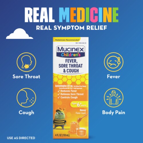 Mucinex® Children's Fever Sore Throat & Cough Honey Flavor Liquid Perspective: left