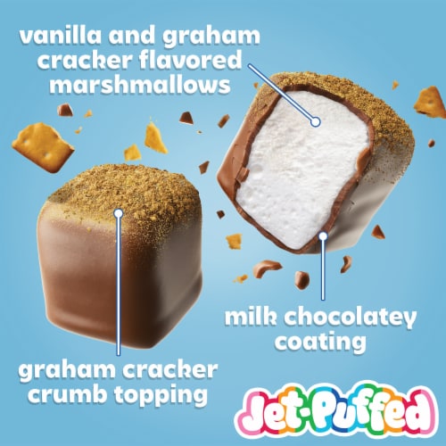Jet-Puffed Marshmallow Bites S'mores Flavored Coated Marshmallows Perspective: left