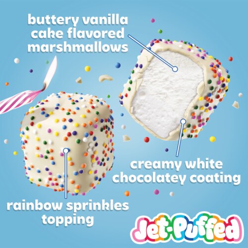 Jet-Puffed Marshmallow Bites Birthday Cake Flavored Coated Marshmallows Perspective: left