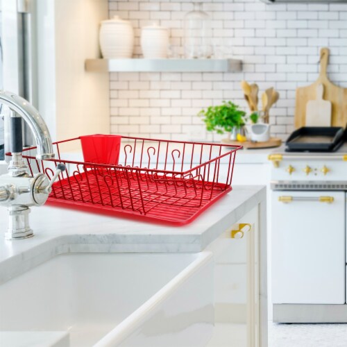 MegaChef 17.5 Inch Red Dish Rack with 14 Plate Positioners and a Detachable Utensil Holder One Size Harris Teeter
