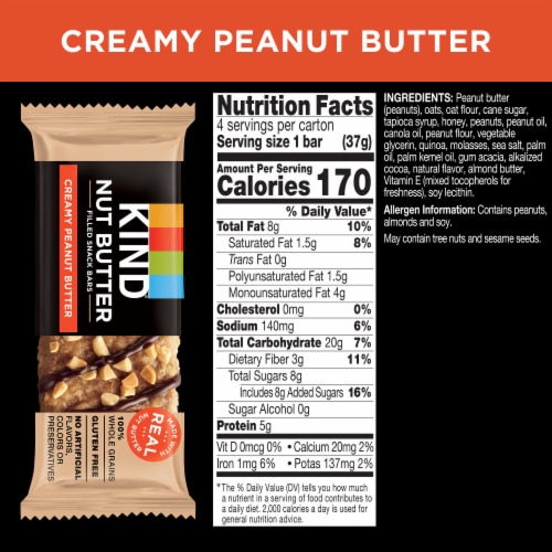 KIND 100% Whole Grains Gluten Free Nut Butter Filled Creamy Peanut Butter Healthy Snack Bars Perspective: left