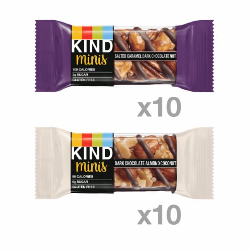 KIND Minis Gluten Free Salted Caramel Dark Chocolate Nut and Dark Chocolate Almond Coconut Bars Perspective: left