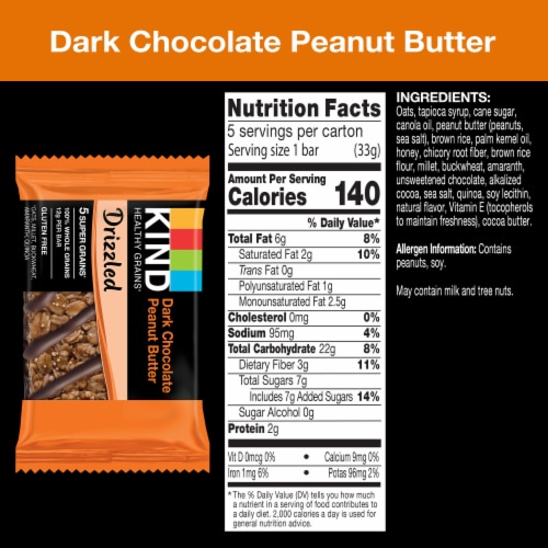 KIND HEALTHY GRAINS Gluten Free Drizzled Dark Chocolate Peanut Butter Whole Grain Snack Bars Perspective: left