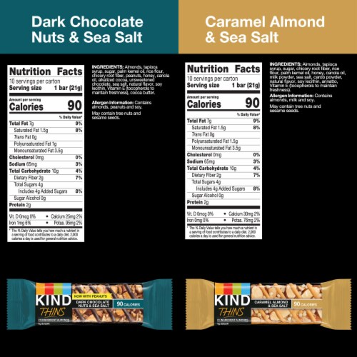 KIND Thins Dark Chocolate, Caramel, Almond & Sea Salt Nut Bars Variety Pack Perspective: left