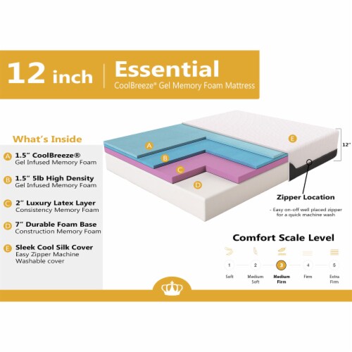 Dynasty Mattress 12 Inch CoolBreeze Gel Memory Foam Mattress with Cover Queen 1 Piece Foods Co