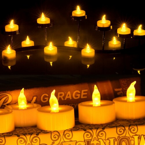 24pcs LED Tea Lights Timer Flameless Flickering Candles Amber Yellow Décor Perspective: left