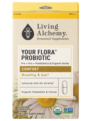 Living Alchemy Your Flora Probiotic Comfort Bloating & Gas Supplement Perspective: left