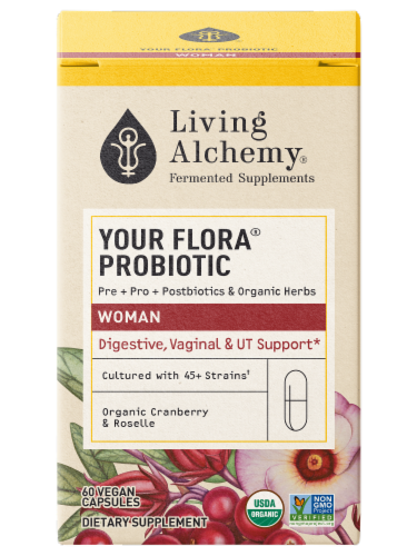 Living Alchemy Your Flora Probiotic Women Digestive Vaginal & UT Support Supplement Perspective: left