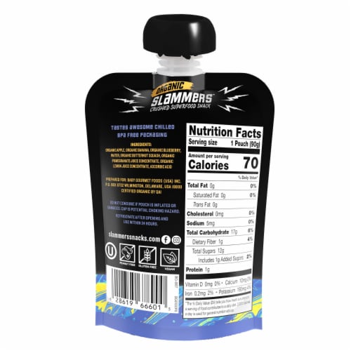 Organic Slammers Chill'n Yumberry Banana Blueberry Superfood Snack Pouch Perspective: left