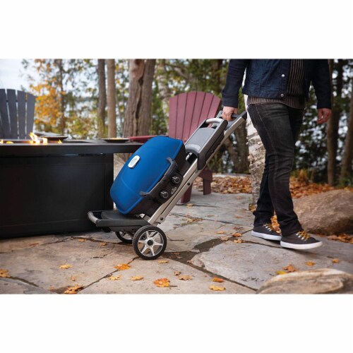 Napoleon TravelQ 285X Portable Propane Gas Grill w/ Scissor Cart & Griddle, Blue Perspective: left