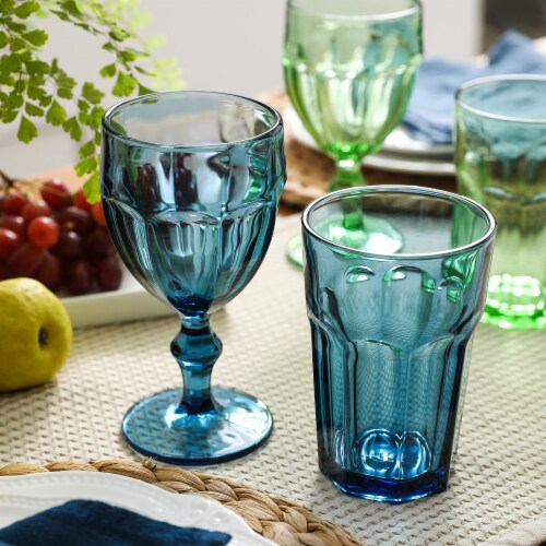 East Creek 8.5 oz Embossed Design Vintage Colored Glass Goblets with Stem Set of 6, Navy Blue