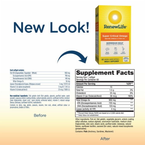 Renew Life Norwegian Gold Super Critical Omega Omega-Fish Oil Burp-Free Softgels Perspective: left