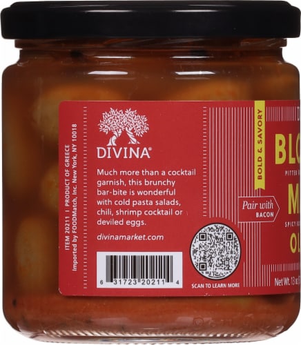 Divina® Pitted Bloody Mary Greek Olives® in a Savory Bloody Mary Brine Perspective: left