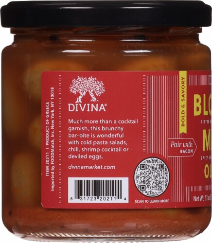 Divina® Pitted Bloody Mary Greek Olives® in a Savory Bloody Mary Brine Perspective: left