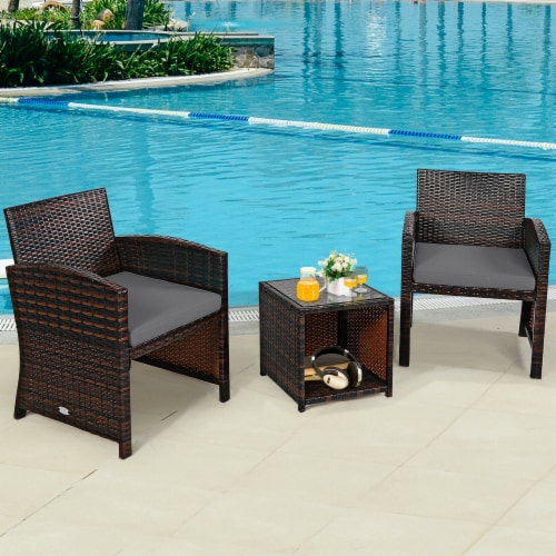 Slickblue 3 Pieces PE Rattan Wicker Furniture Set with Cushion Sofa Coffee Table for Garden Perspective: left