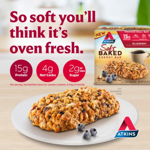 Atkins Blueberry Soft Baked Energy Protein Bar Perspective: left