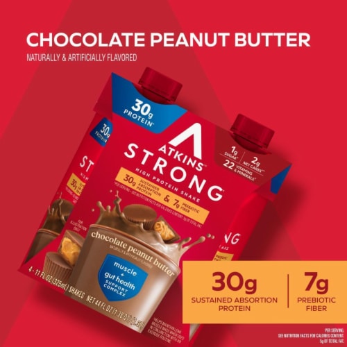 Atkins Strong Muscle + Gut Health Chocolate Peanut Butter High Protein Shake Perspective: left