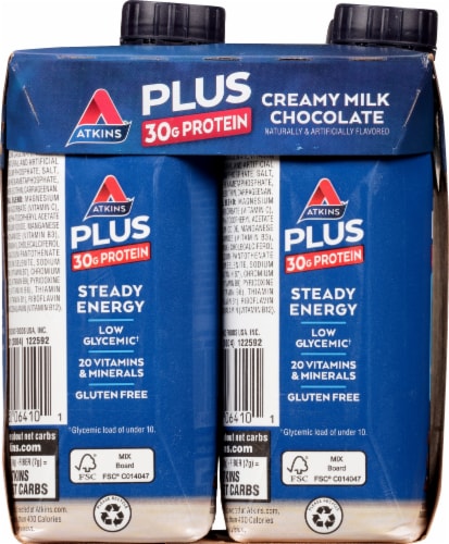 Atkins Plus Protein & Fiber Creamy Milk Chocolate Shake Perspective: left
