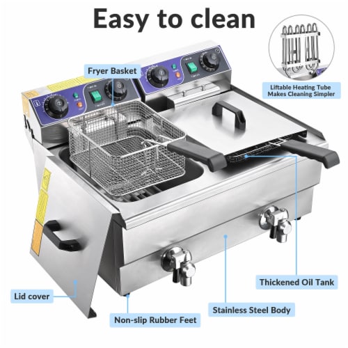 23.4L Dual Tank Stainless Steel Commercial Electric Deep Fryer w/ Timer & Drain French Frys Perspective: left