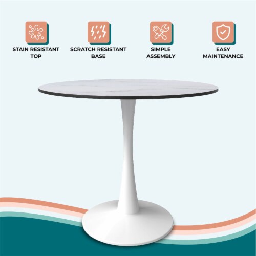 Leisuremod Bristol 31 Round Dining Table White Base with White Marbled Wood Top Perspective: left