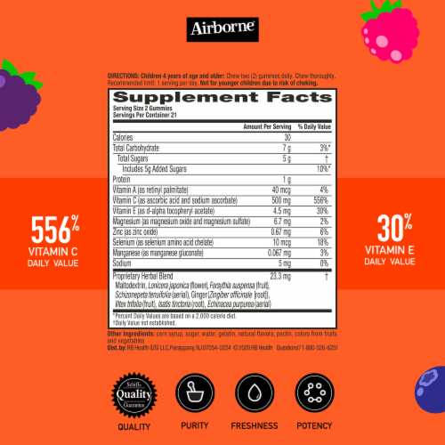 Airborne Kids Vitamin C E Zinc and Immune Supplement Assorted Fruit Gummies Perspective: left