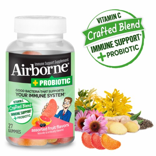 Airborne + Probiotic Assorted Fruit Flavors Immune Support Gummies Perspective: left