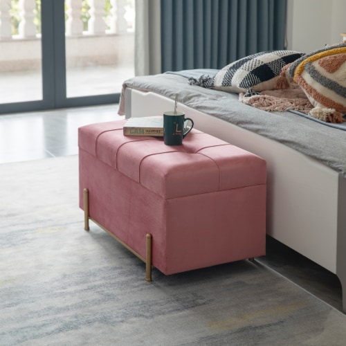 Large Rectangle Velvet Storage Ottoman Stool Box with Gold Legs Pink Pink Jay C Food Stores