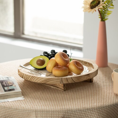 Vintiquewise QI004378 Natural Wooden Round Dish Ornament Slice Tray Table Charger with Height Perspective: left