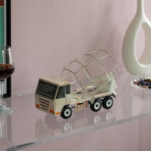 Decorative Rustic Metal White Single Bottle Cement Truck Wine Holder for Tabletop or Perspective: left