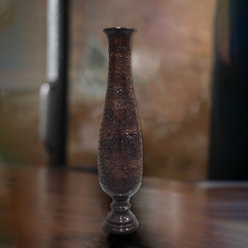 Antique Hand Curved Brown Mango Wood Floor Flower Vase Trumpet Design with Textured Pattern Perspective: left