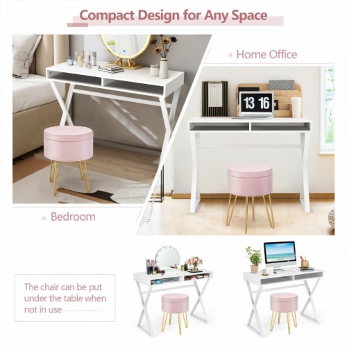 Vanity Table Set Writing Desk Makeup Table w/Round Storage Ottoman Pink Perspective: left
