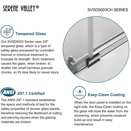 Serene Valley 60 x 74 Inch Square Rail Frameless Sliding Shower Door, Chrome Perspective: left