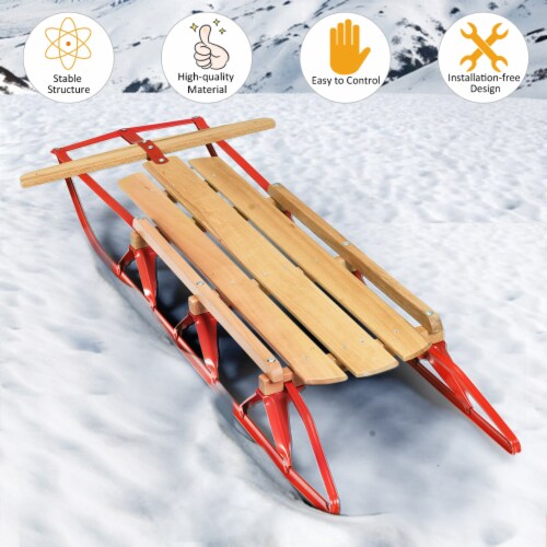 Costway 54''Kids Wooden Snow Sled Runners Steering Bar Steering Snow Slider Perspective: left