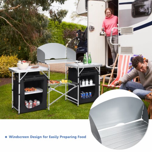 Goplus Folding Portable Aluminum Camping Grill Table w/ Storage Organizer Windscreen Perspective: left