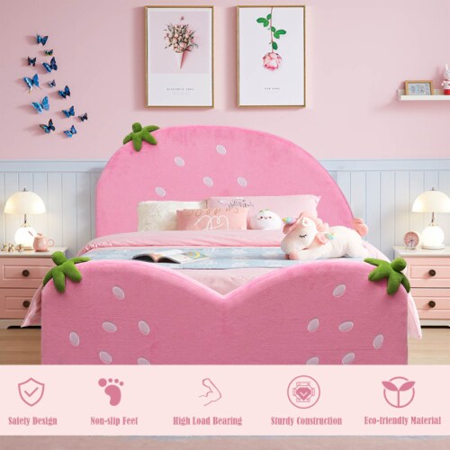 Costway Kids Children Upholstered Platform Toddler Bed Bedroom Furniture Berry Pattern Perspective: left