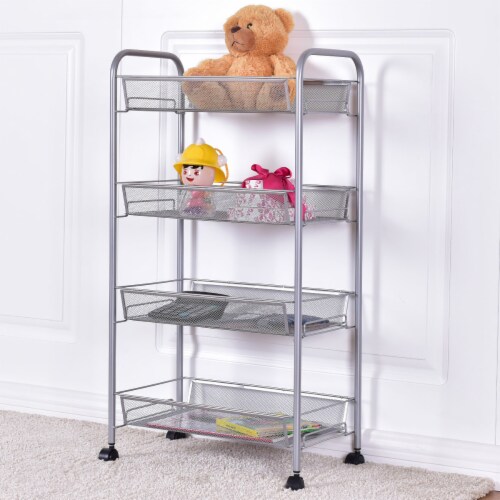 Costway 4 Tier Storage Rack Trolley Cart Home Kitchen Organizer Utility Baskets Silver Steel Perspective: left