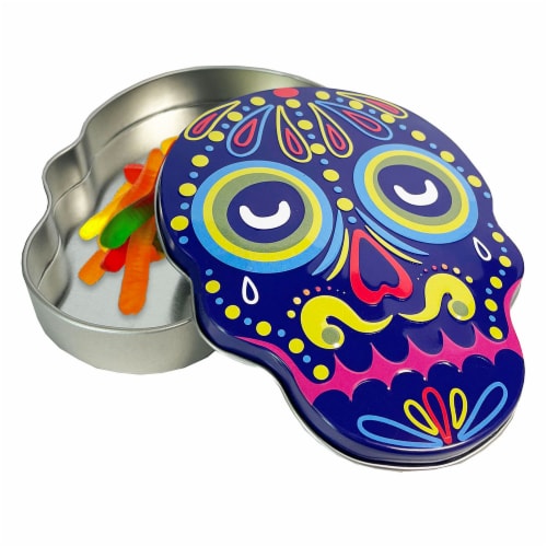 Original Gourmet Day of the Dead Single-Serve Gummy Worm Tin - Assorted Perspective: left