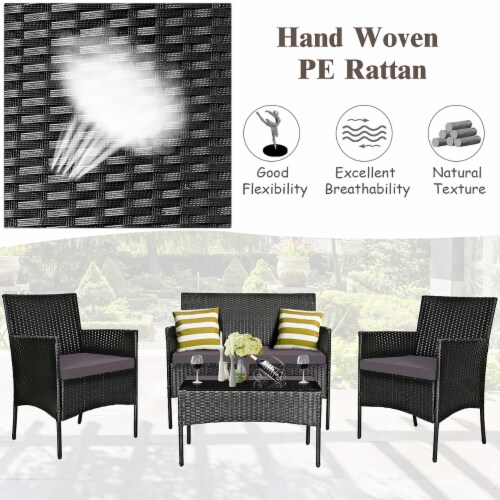4PCS Outdoor Furniture Set Patio Rattan Conversation Set w/ Grey & Off White Cushion Perspective: left
