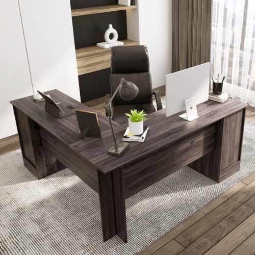 66.5'' L Shaped Home Office Desk Corner Computer Desk Keyboard Tray Dark Brown Perspective: left