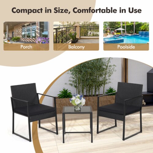3PCS Patio Rattan PE Wicker Bistro Set Outdoor Furniture Set w/ Table & Cushion Perspective: left