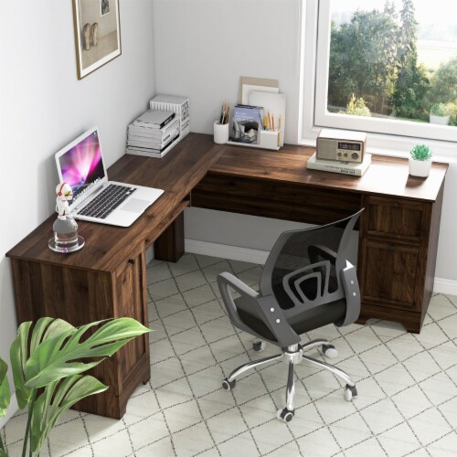 66.5'' L Shaped Home Office Desk Corner Computer Desk Drawer Keyboard Tray Walnut Perspective: left