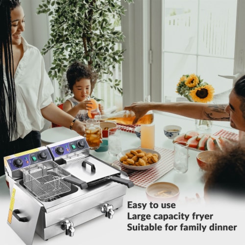 Commercial Electric 23.4L Deep Fryer Dual Tank w/ Timer and Drain Reset Button French Fry Perspective: left